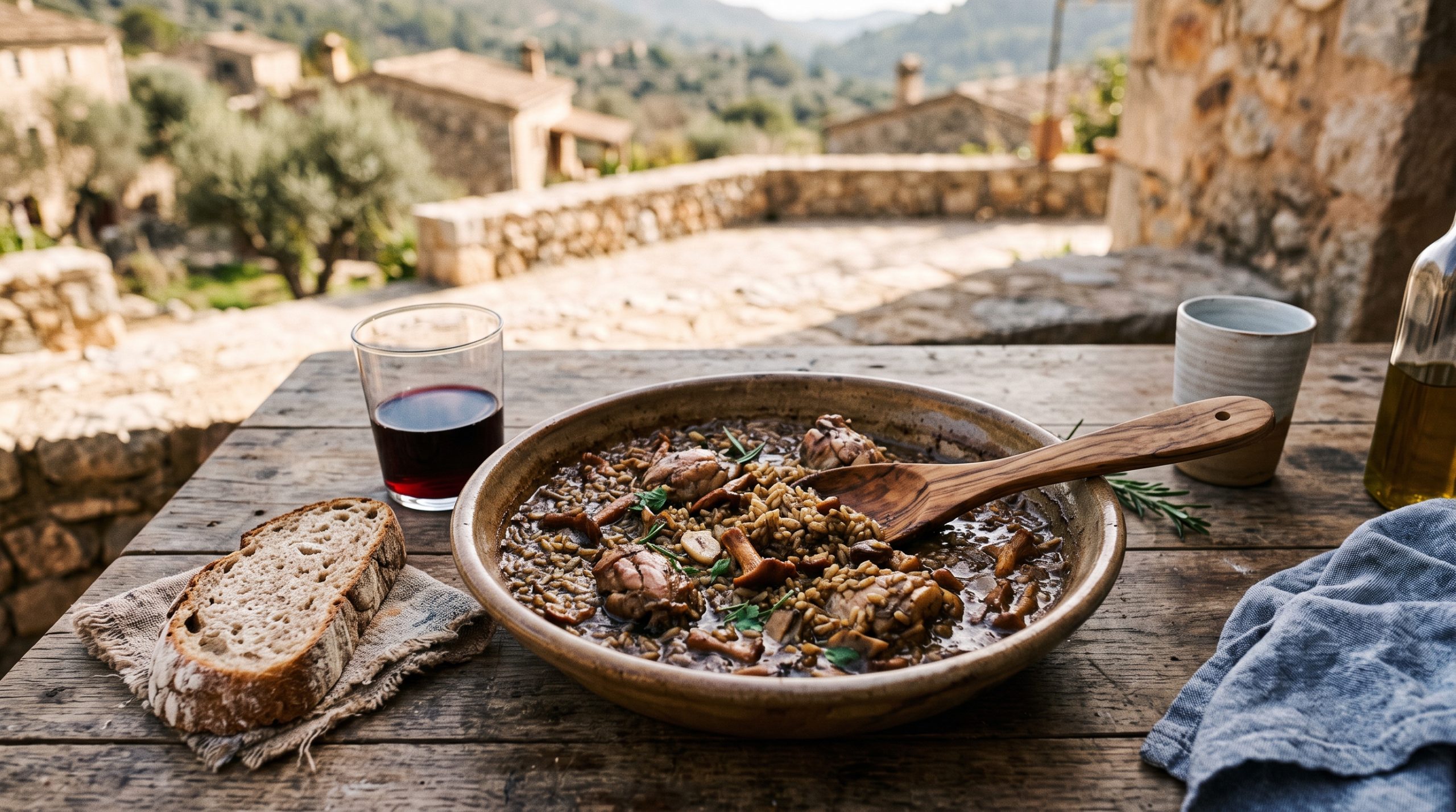 A shallow earthenware dish of arros brut, the Mallorcan dark soupy rice, with bread and red wine