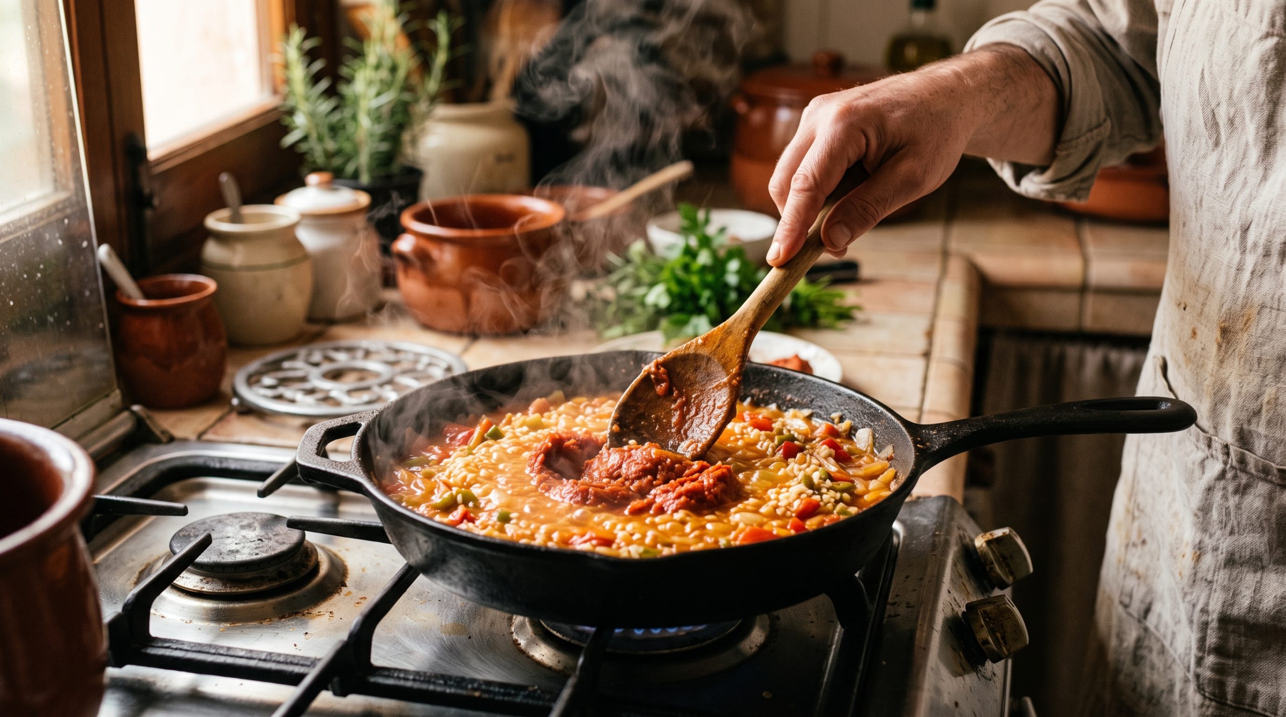 Sobrasada melting into a pan of rice and vegetables