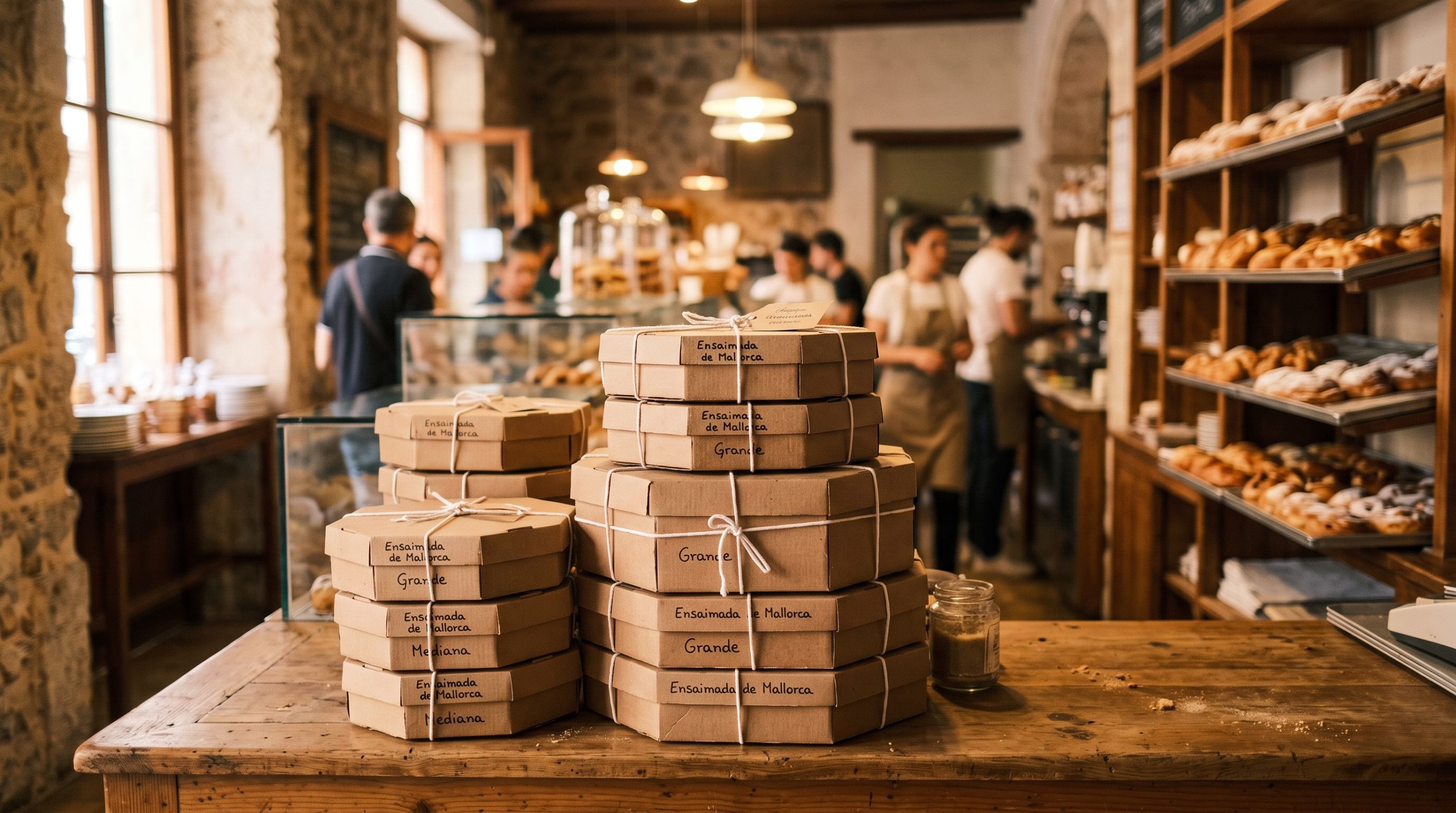 Stacked octagonal ensaimada boxes tied with string on a bakery counter in Mallorca