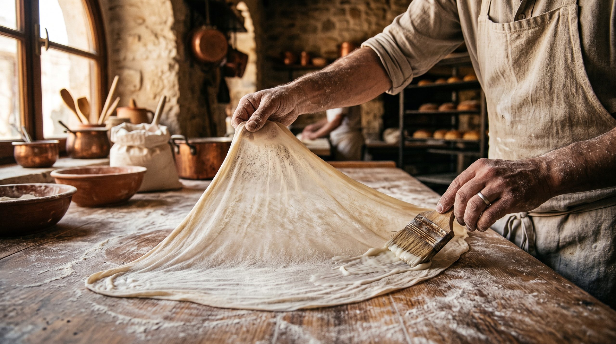 A baker's flour-dusted hands stretching thin laminated ensaimada dough across a wooden table