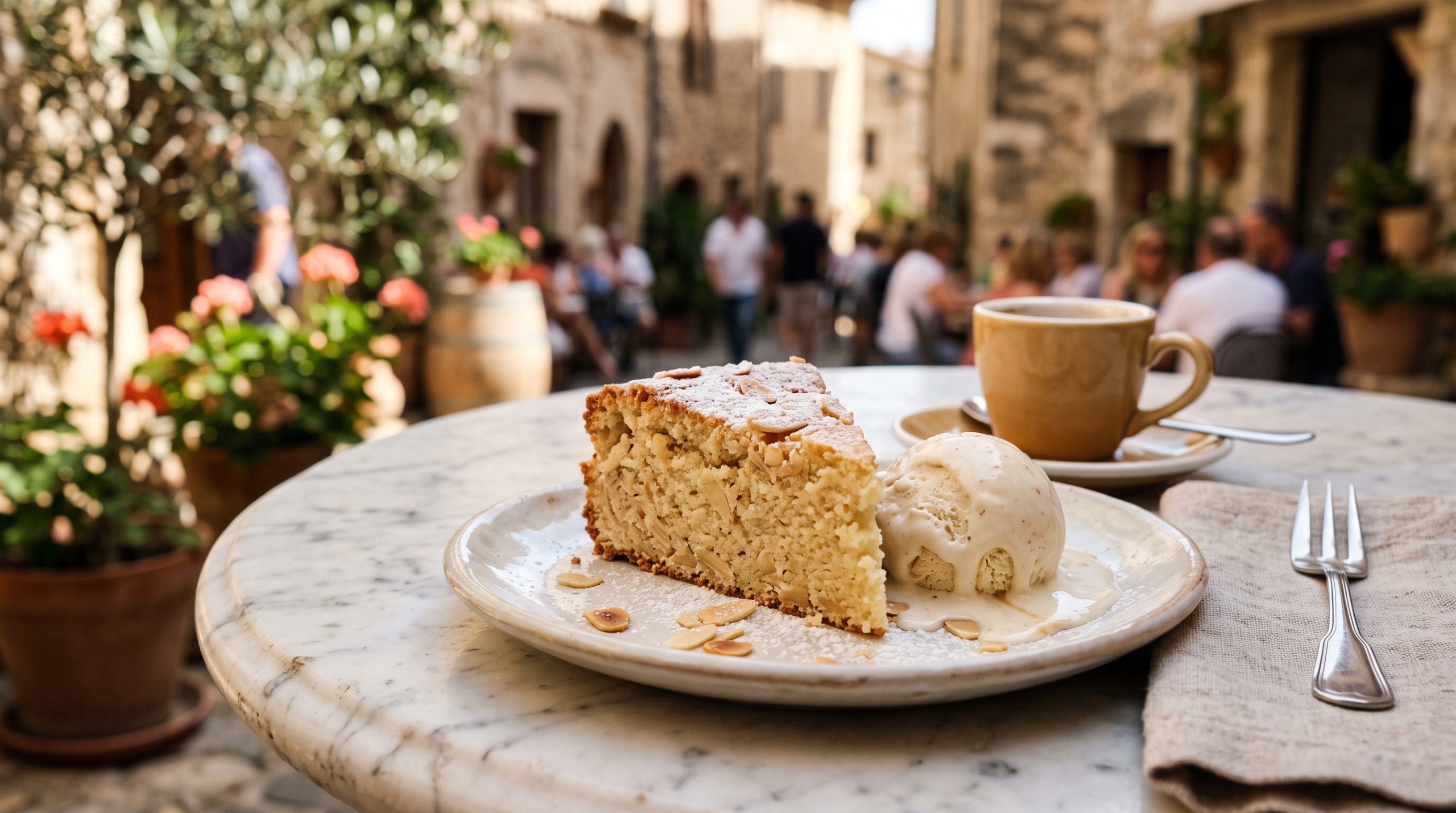 A slice of Mallorcan almond cake with a scoop of almond ice cream melting beside it