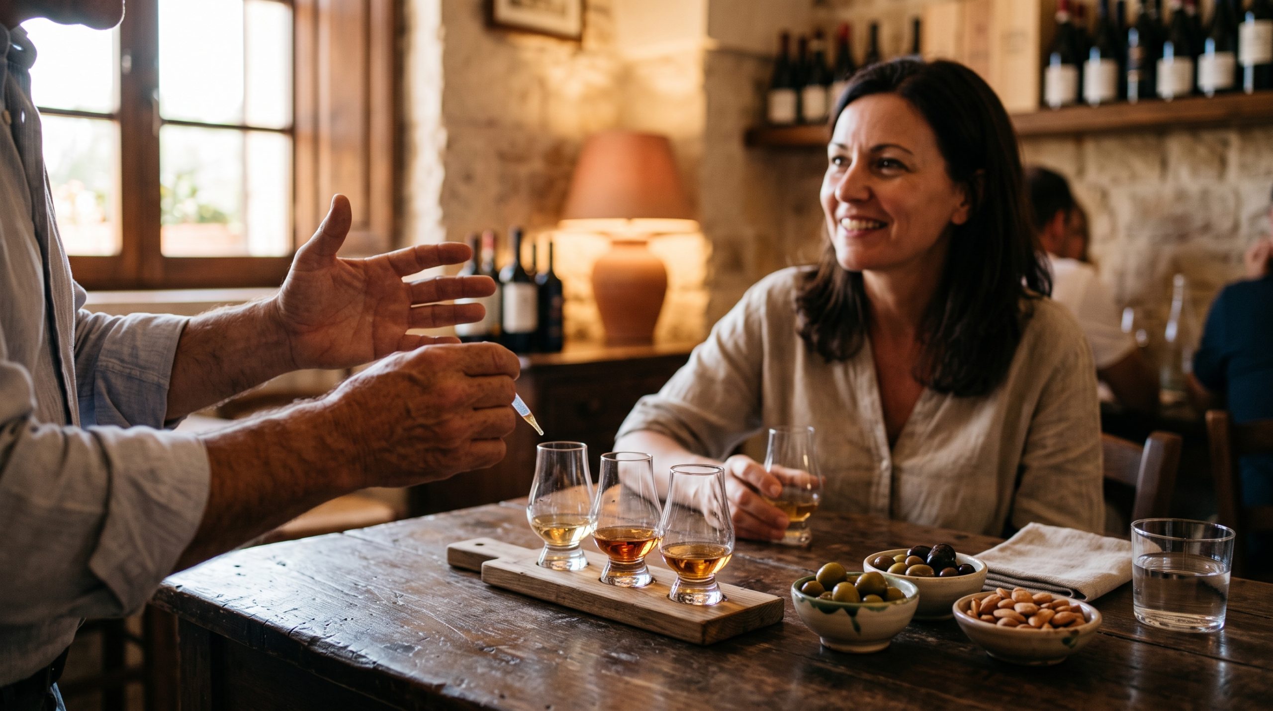A guided gin tasting with three glasses in front of a seated guest and a host explaining