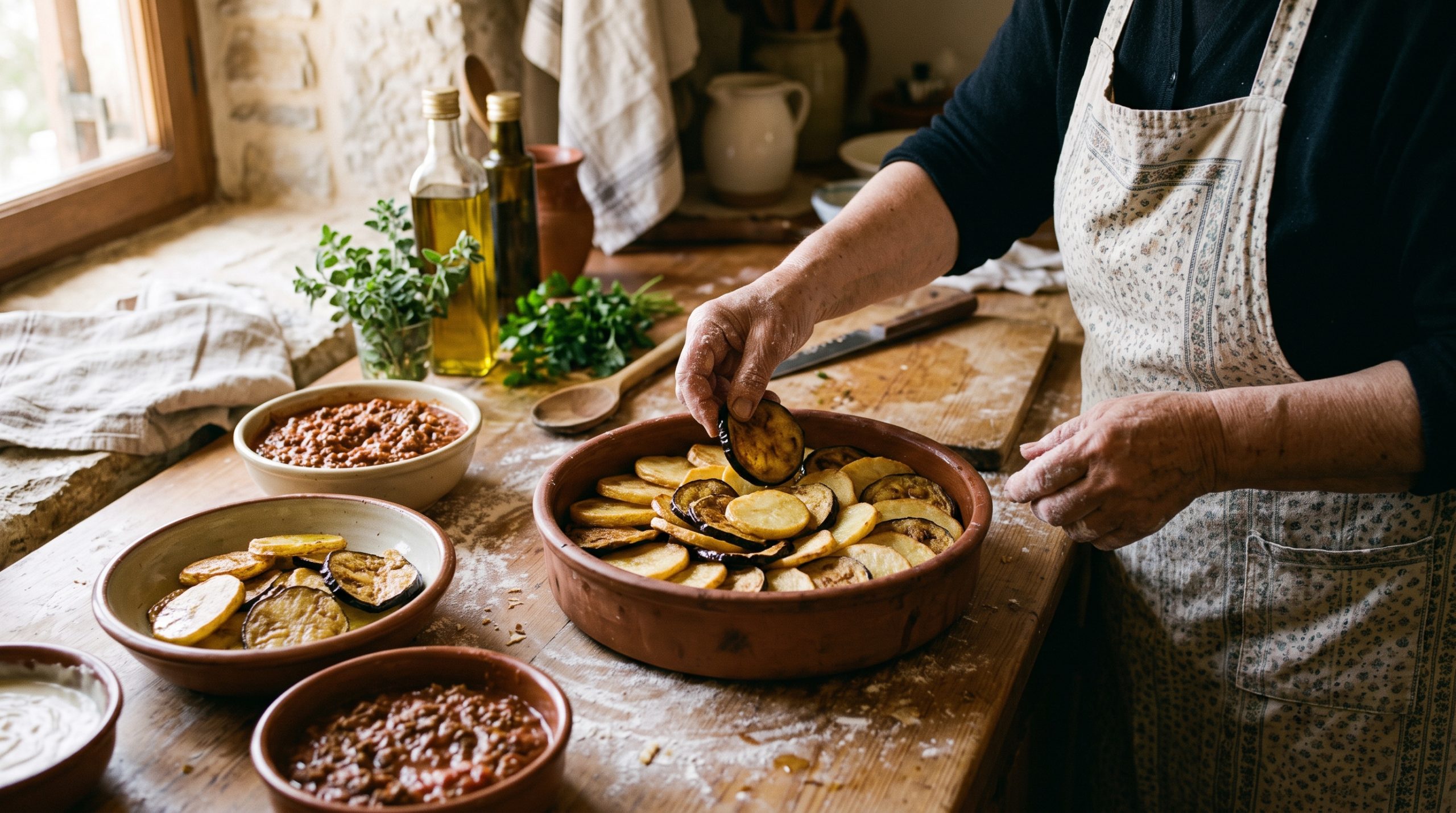 Hands layering fried potato and aubergine into an earthenware dish