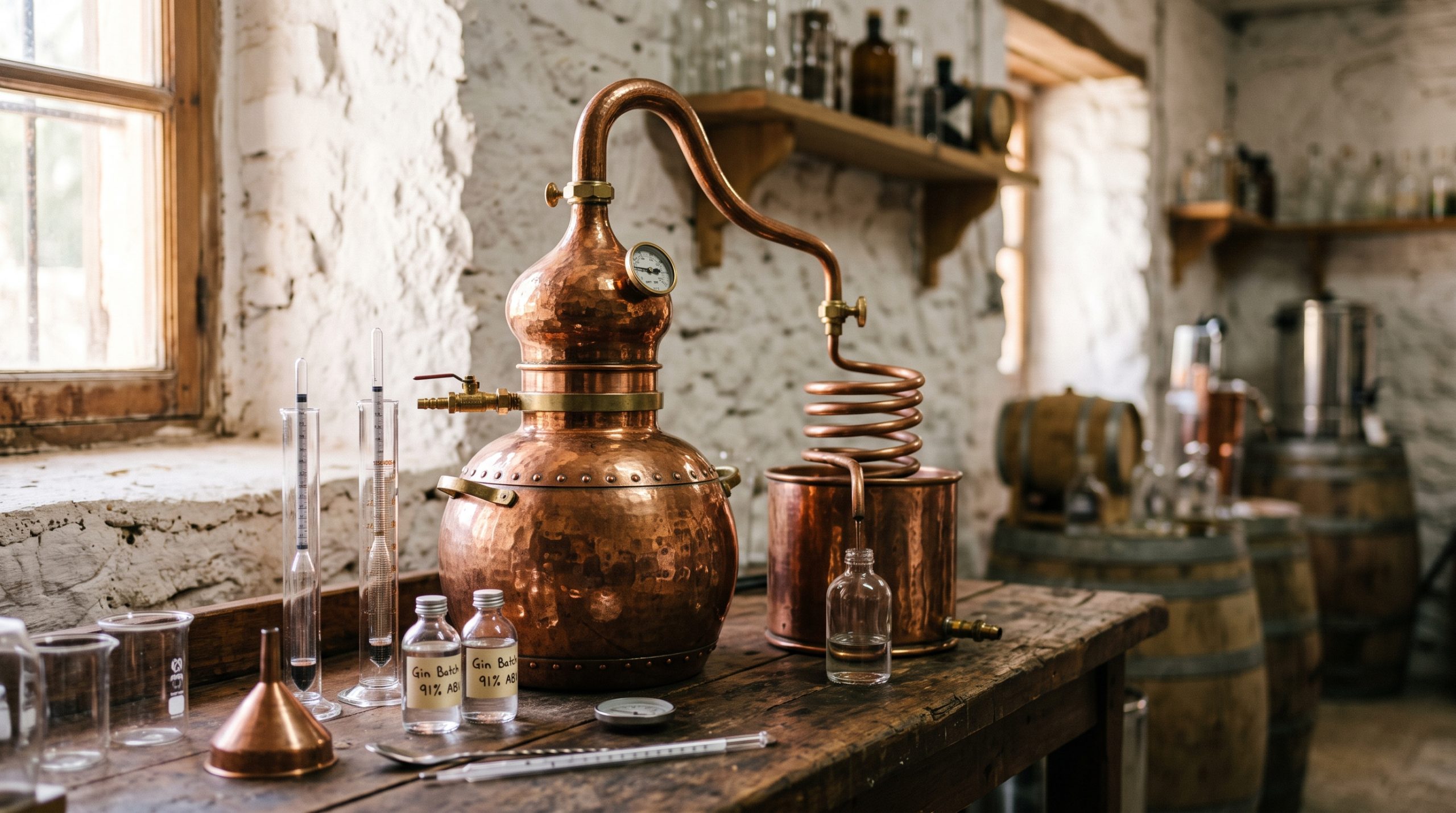 A small copper pot still in an artisan Mallorcan distillery with sample bottles alongside