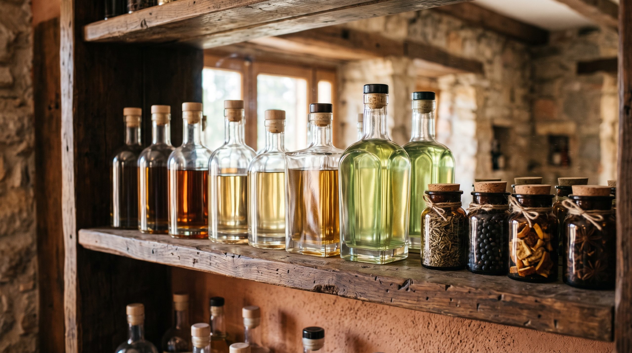 Shelf of clear glass spirit bottles and jars of botanicals in a small distillery shop
