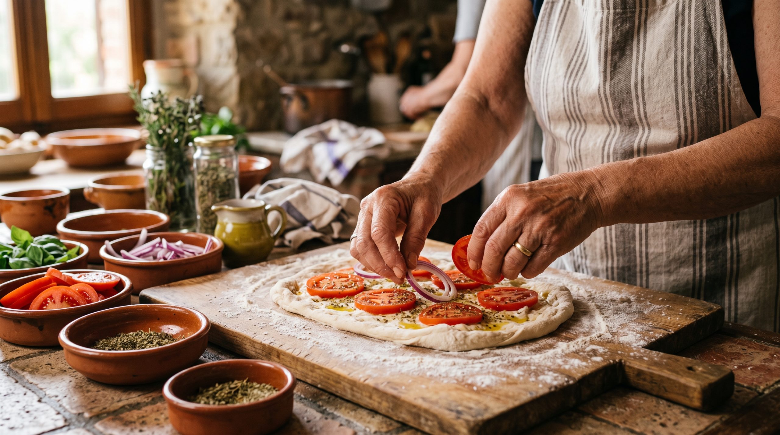 Hands assembling a Mallorcan coca flatbread with sliced tomato and onion on a floured board