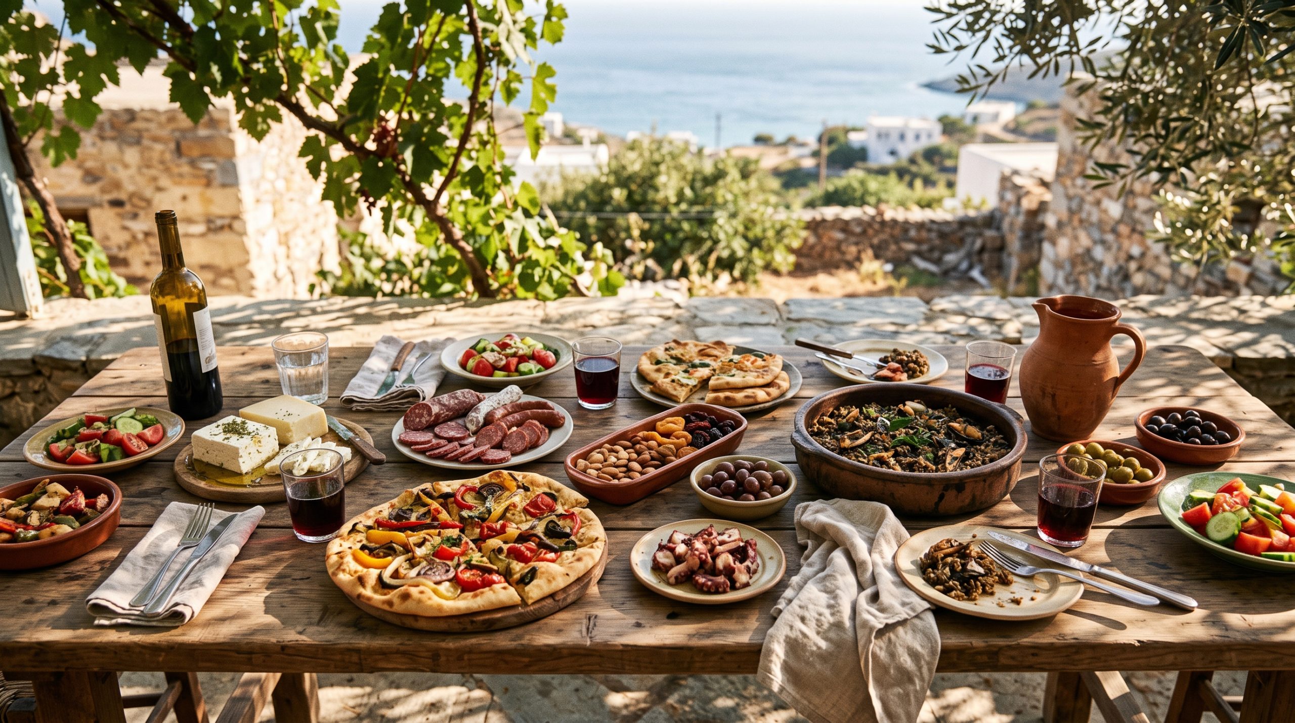 A table spread of Mallorcan food including cured sausage, sheep cheese, coca flatbread and dark rice