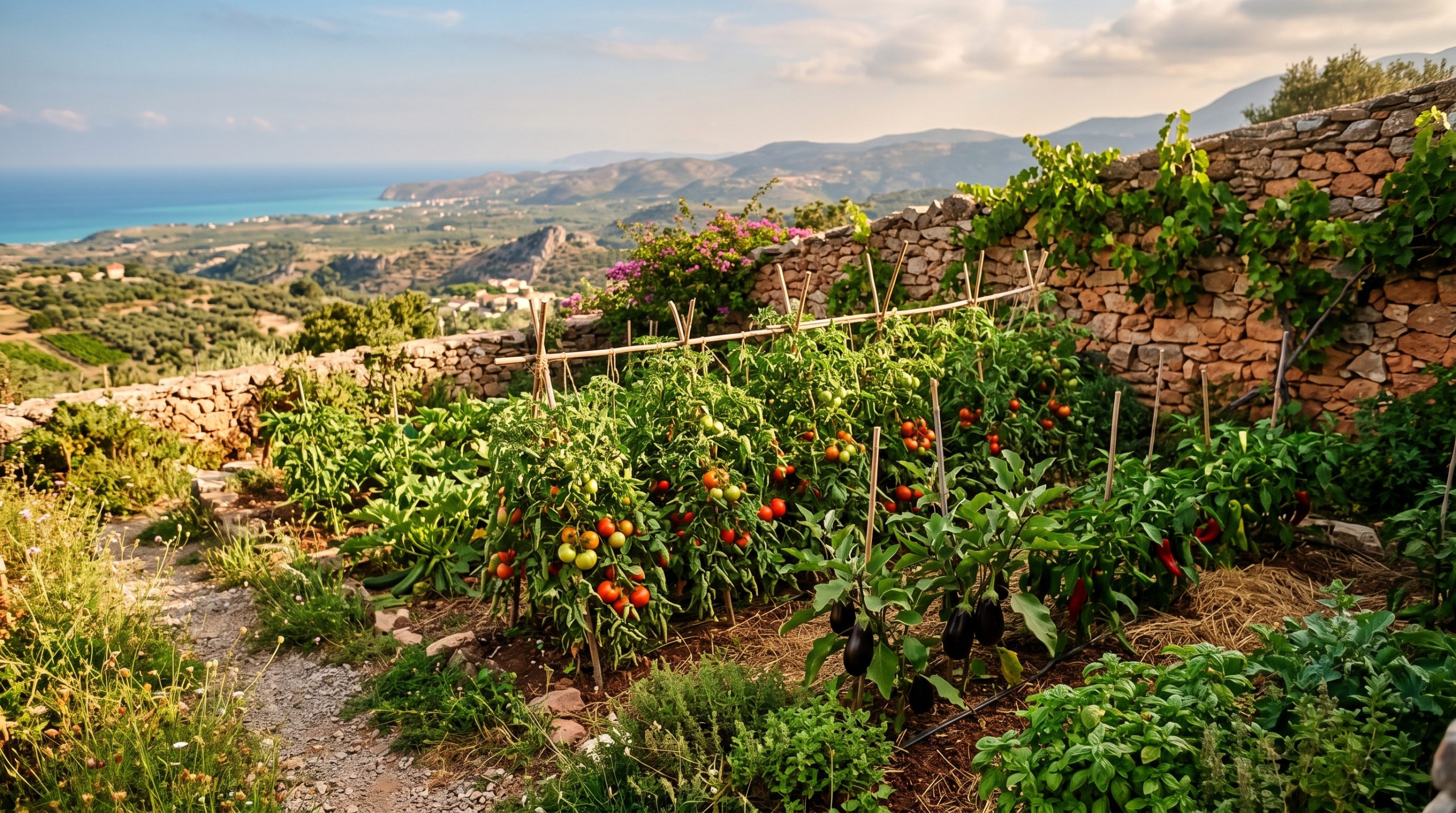 A Mediterranean vegetable garden in summer with tomato, aubergine and pepper plants