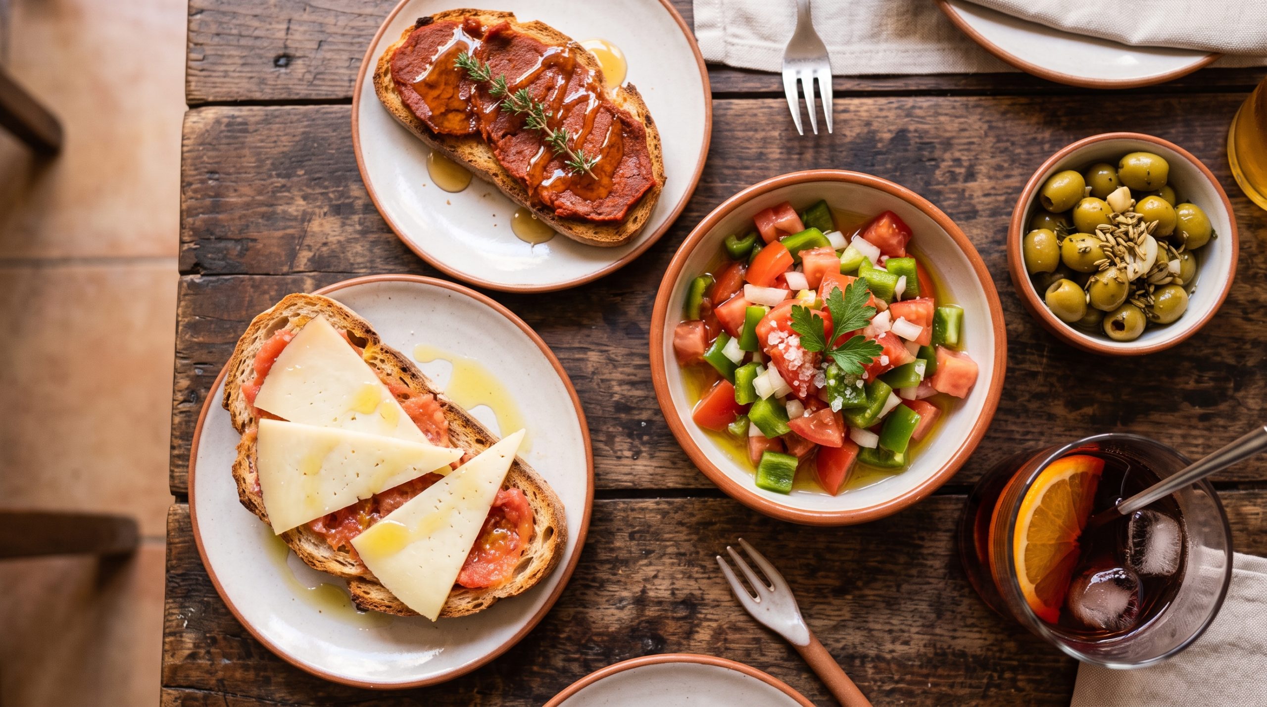 Overhead view of Mallorcan tapas including pa amb oli, sobrasada on toast, trampo salad and vermouth