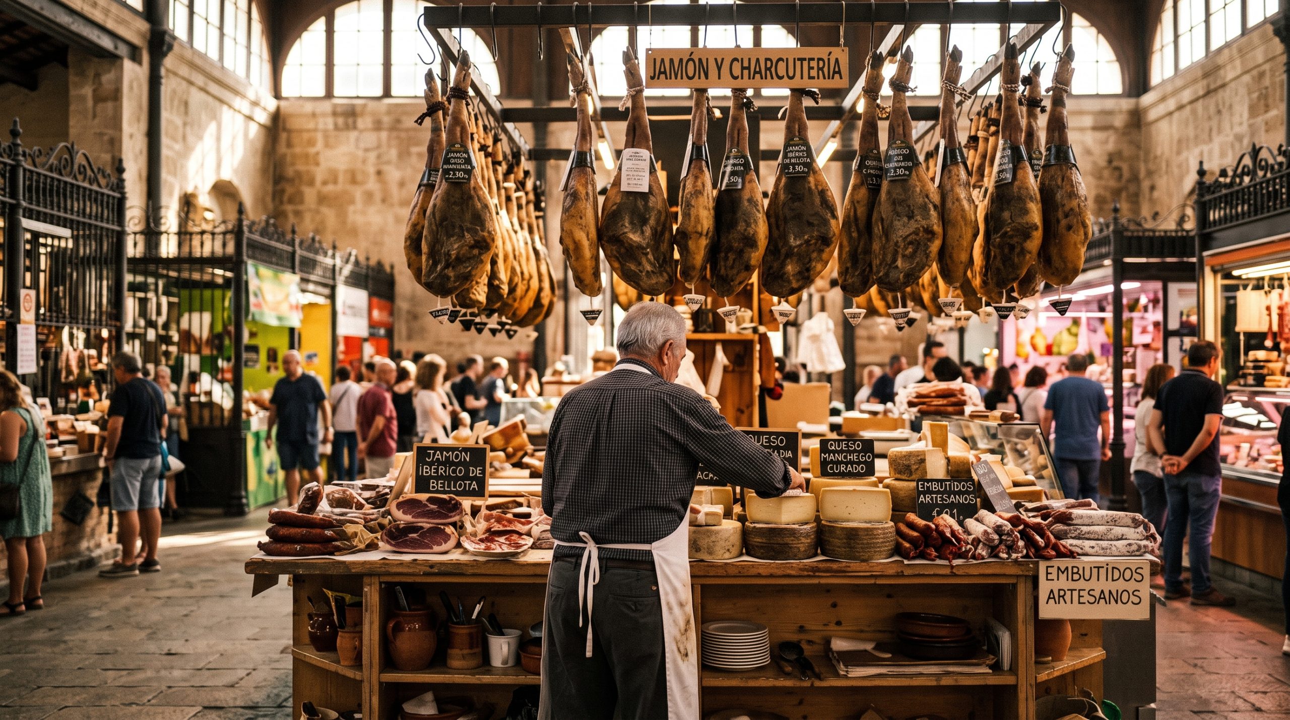 Cured hams hanging above a charcuterie stall inside a historic Palma food market