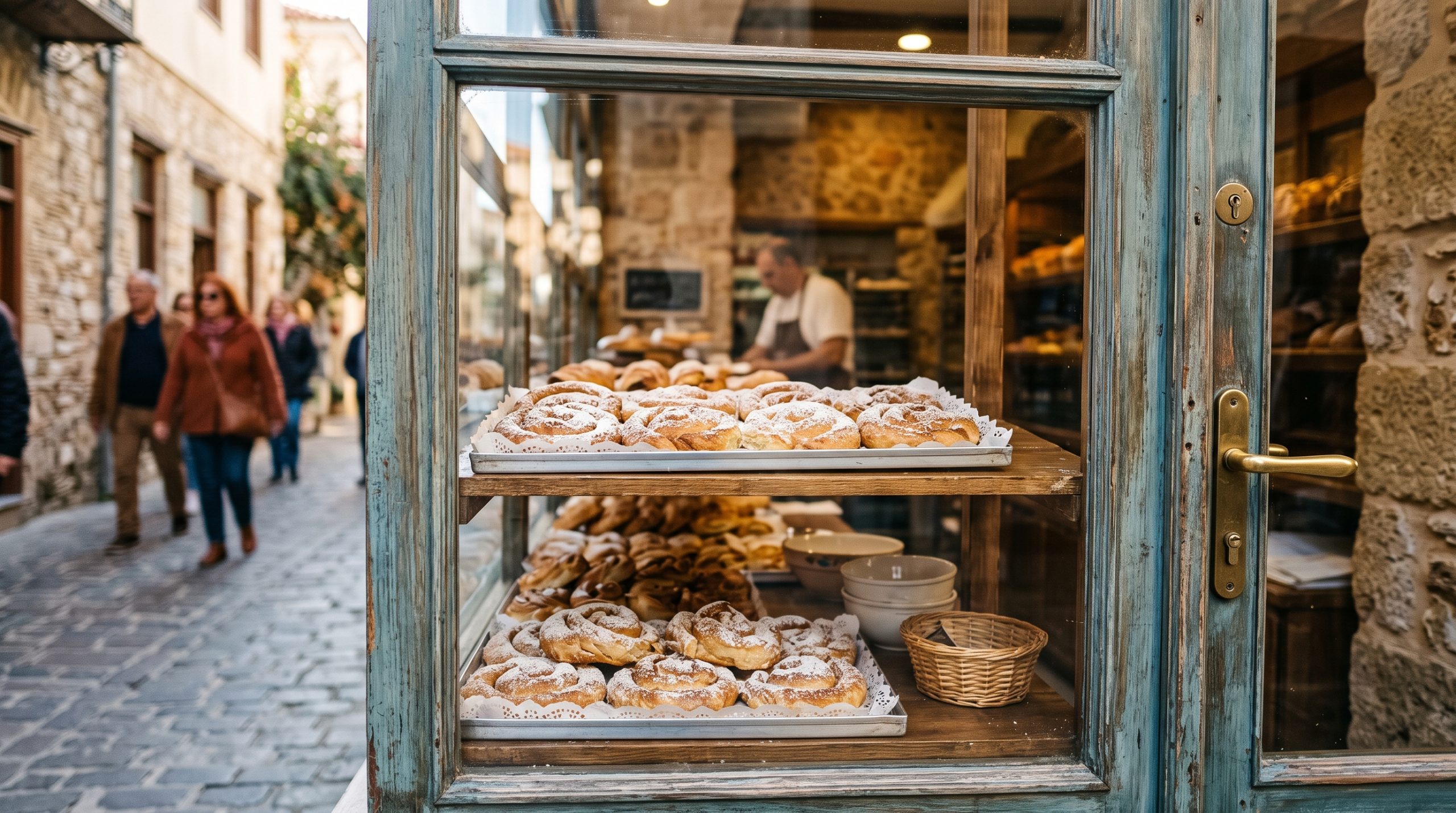 Trays of icing-sugar dusted ensaimadas displayed behind an old bakery shop window