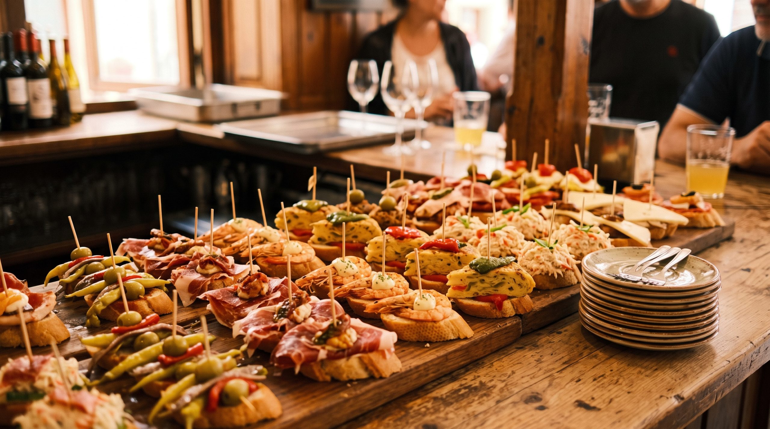 Rows of pinchos on bread held with cocktail sticks along a Palma bar counter