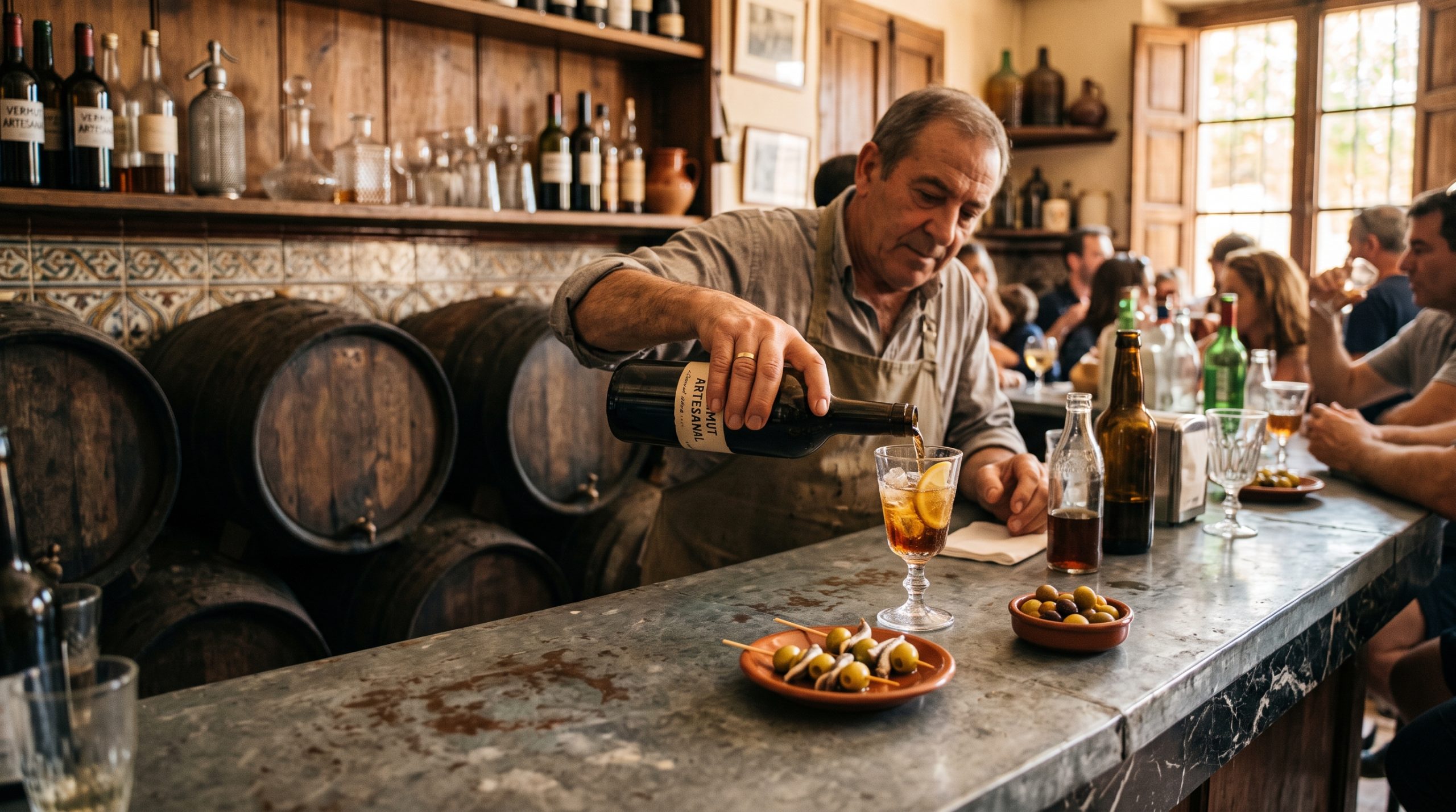 Vermouth being poured at a traditional Palma bodega counter lined with oak wine barrels