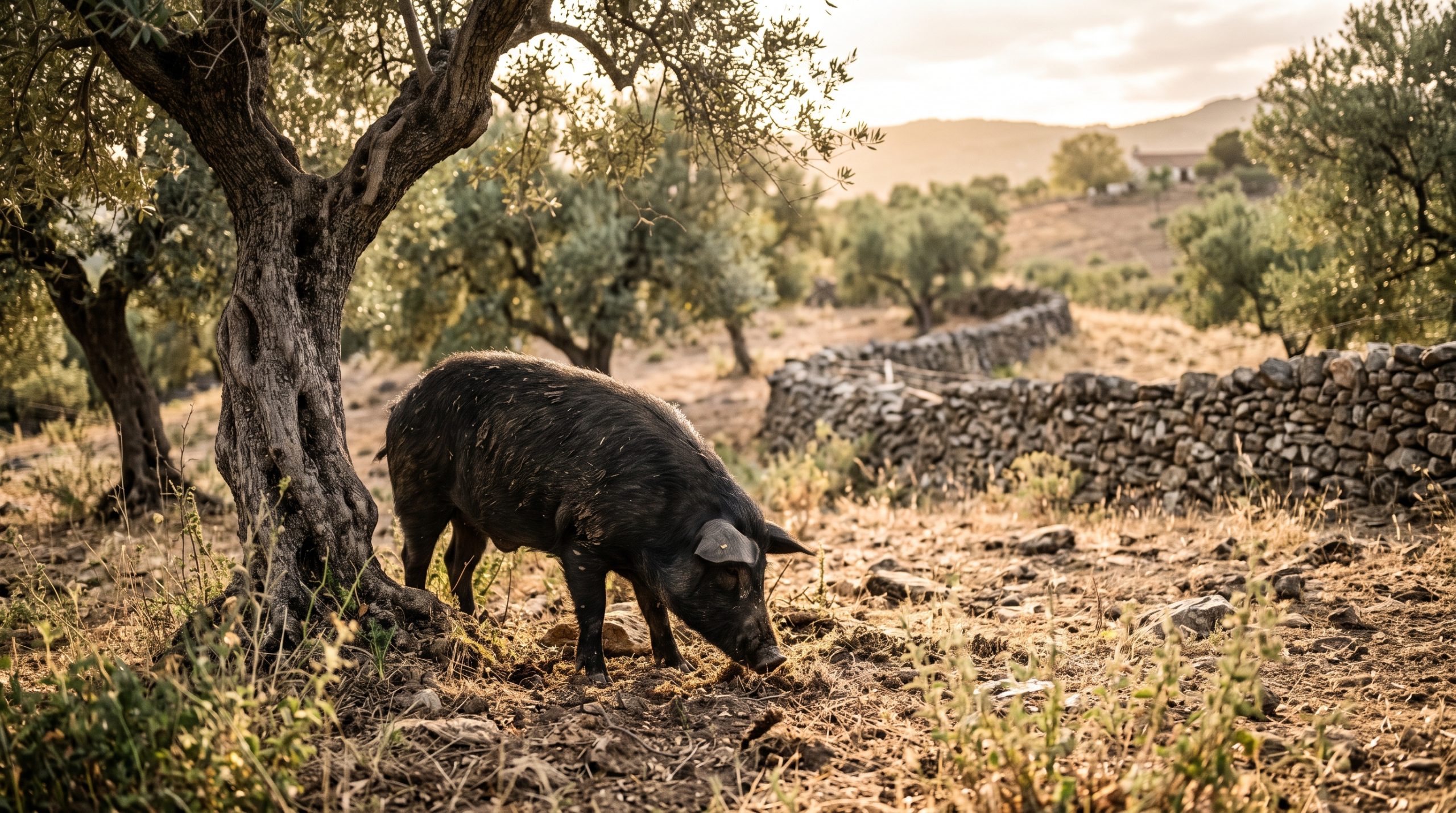 A black Mallorcan pig foraging under olive trees