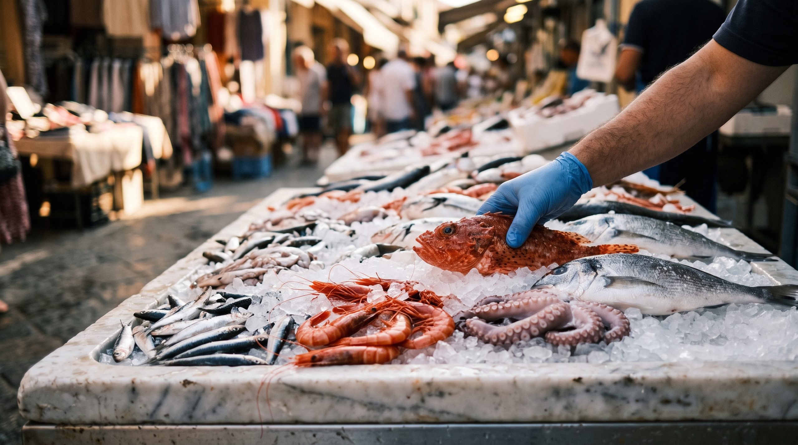 Fresh Mediterranean fish and seafood on ice at a market stall in Palma