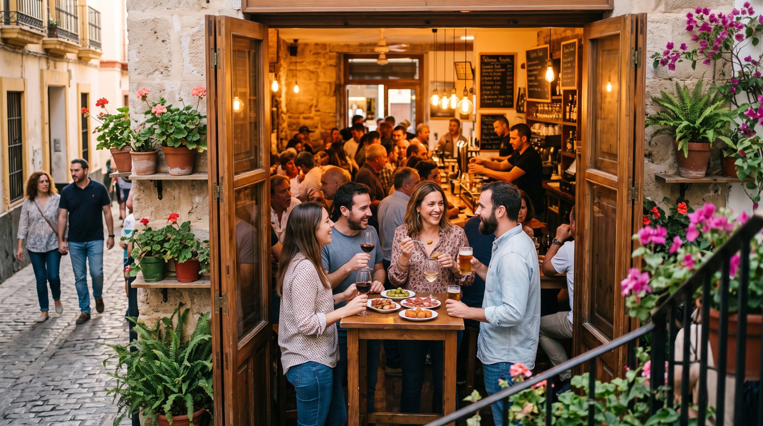 A busy neighbourhood tapas bar in Santa Catalina Palma in the evening