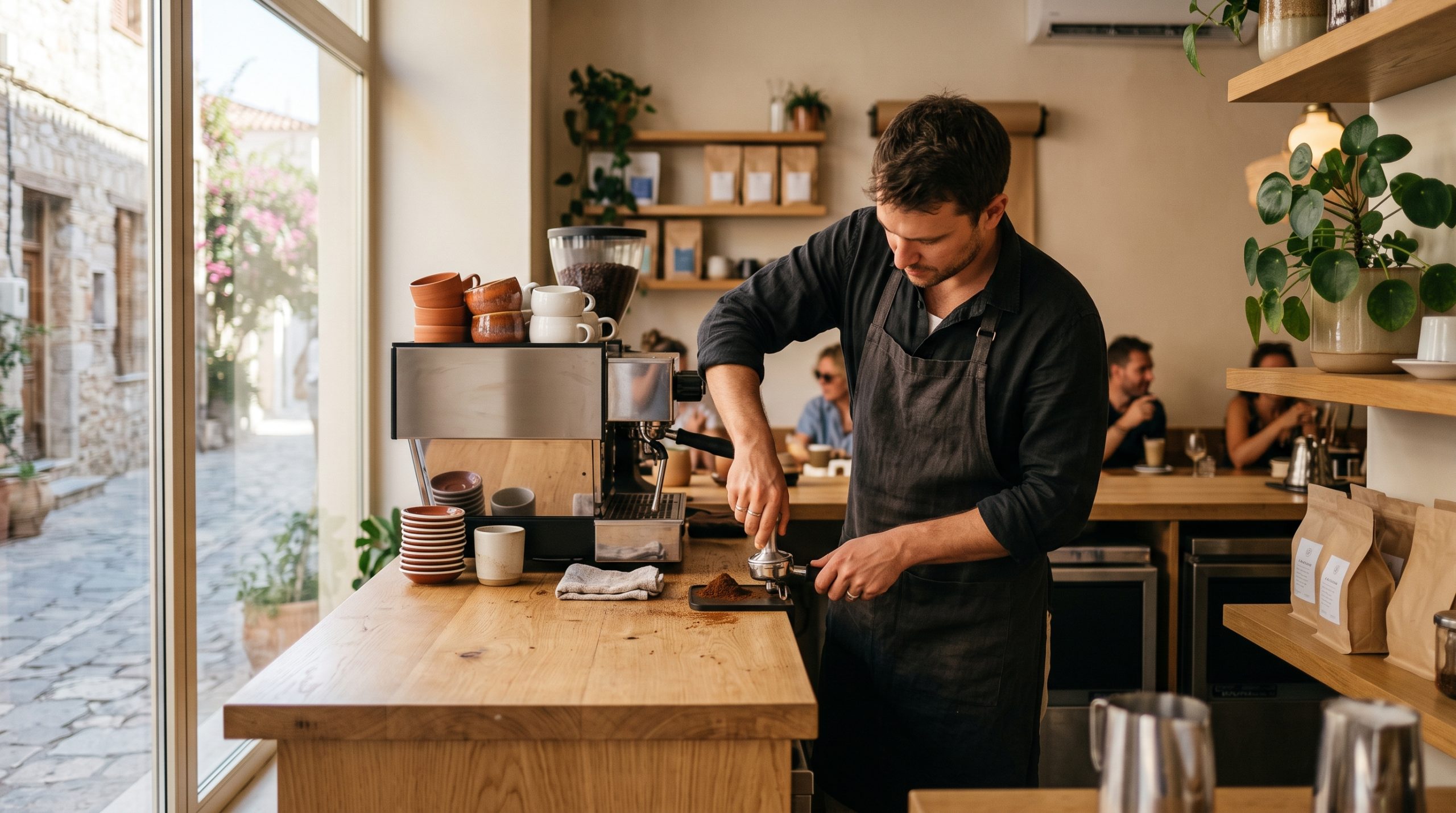A speciality coffee bar with barista tamping coffee in Santa Catalina Palma