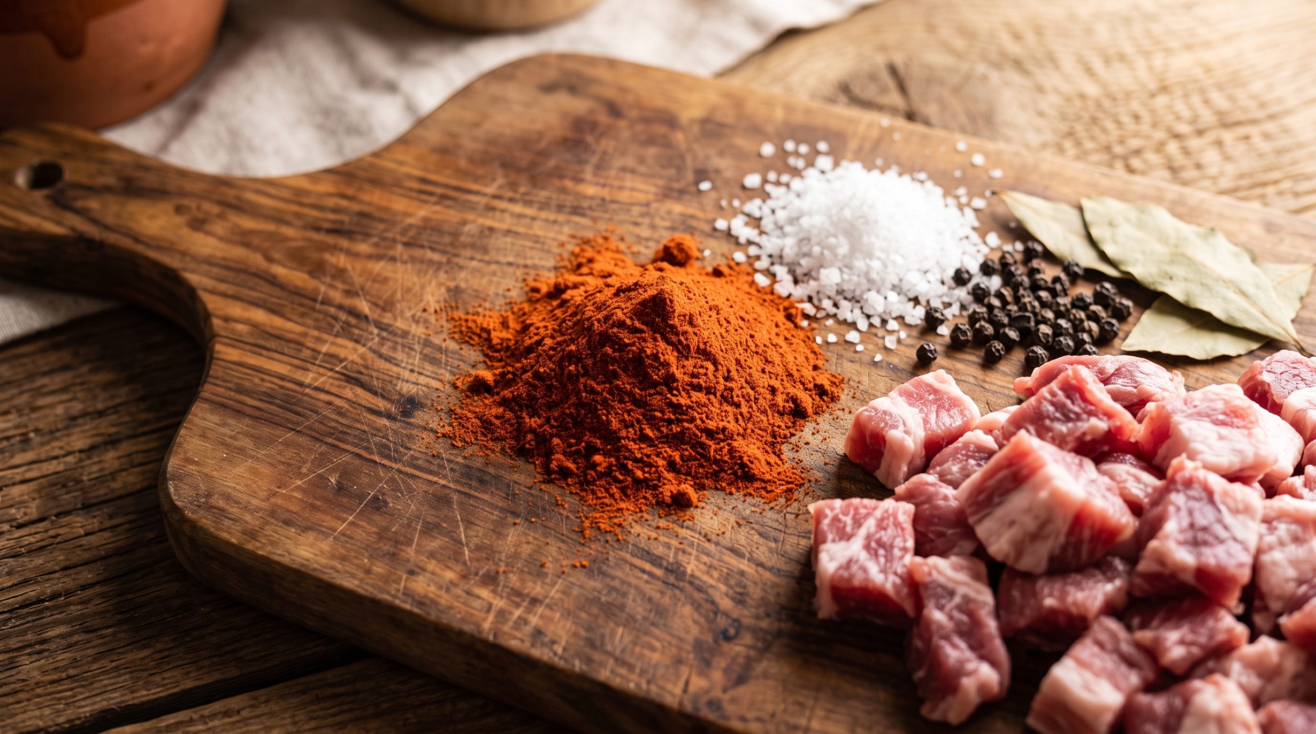 Sweet paprika, sea salt, peppercorns and cubed pork, the ingredients of sobrasada