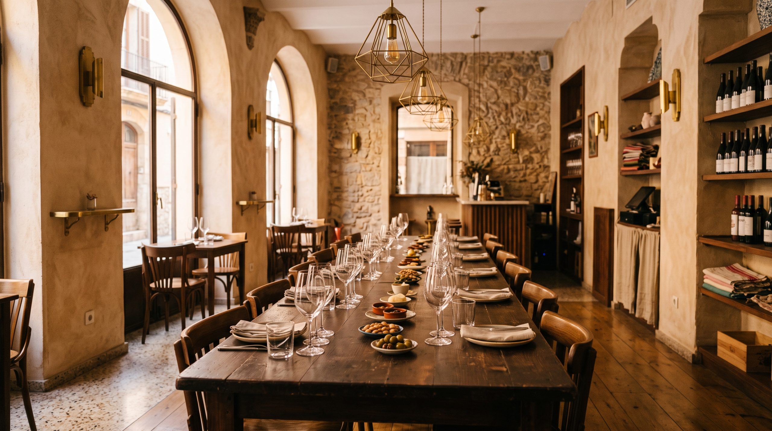 The Tasting Palma tasting room set with wine glasses and small plates