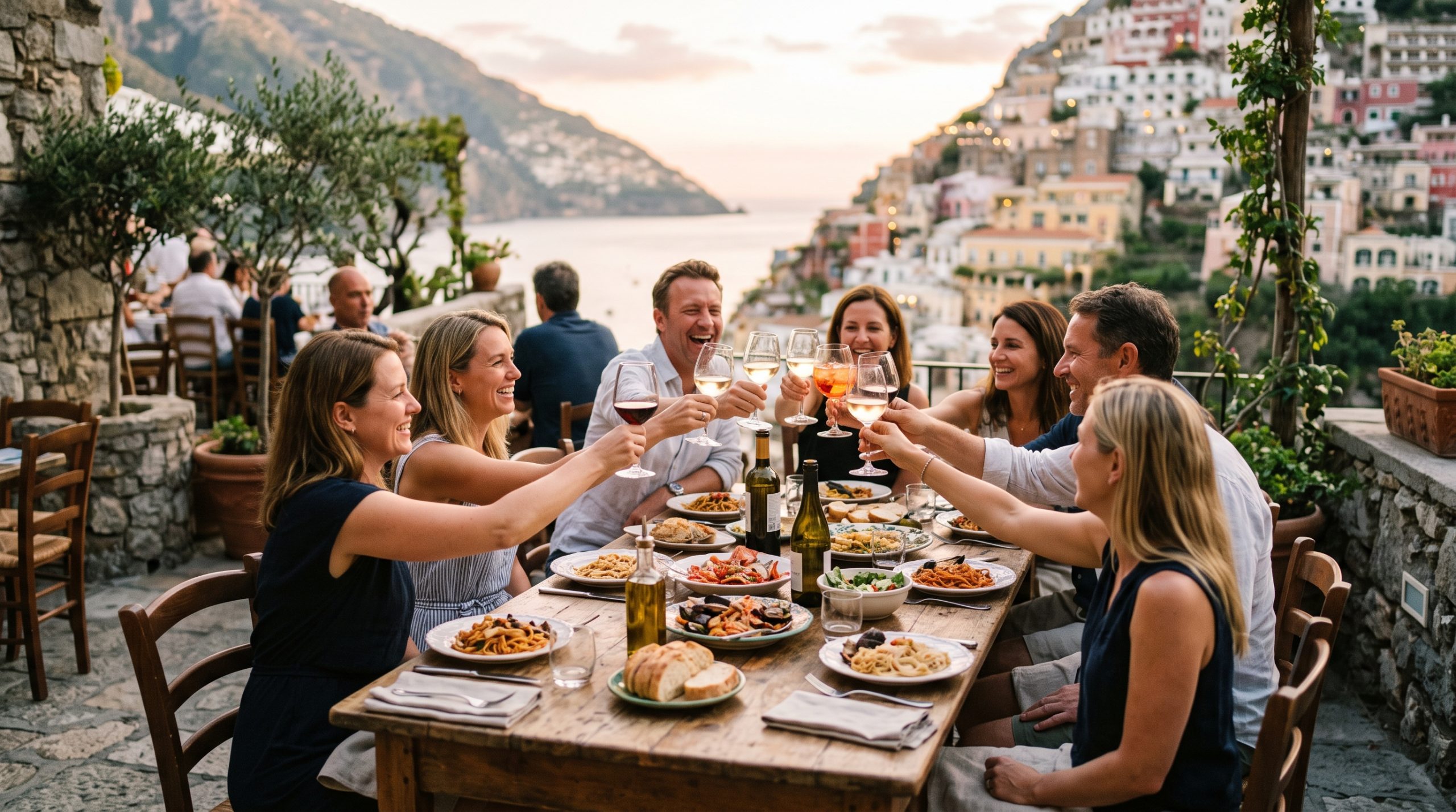 A small group raising glasses in a toast around a long shared table