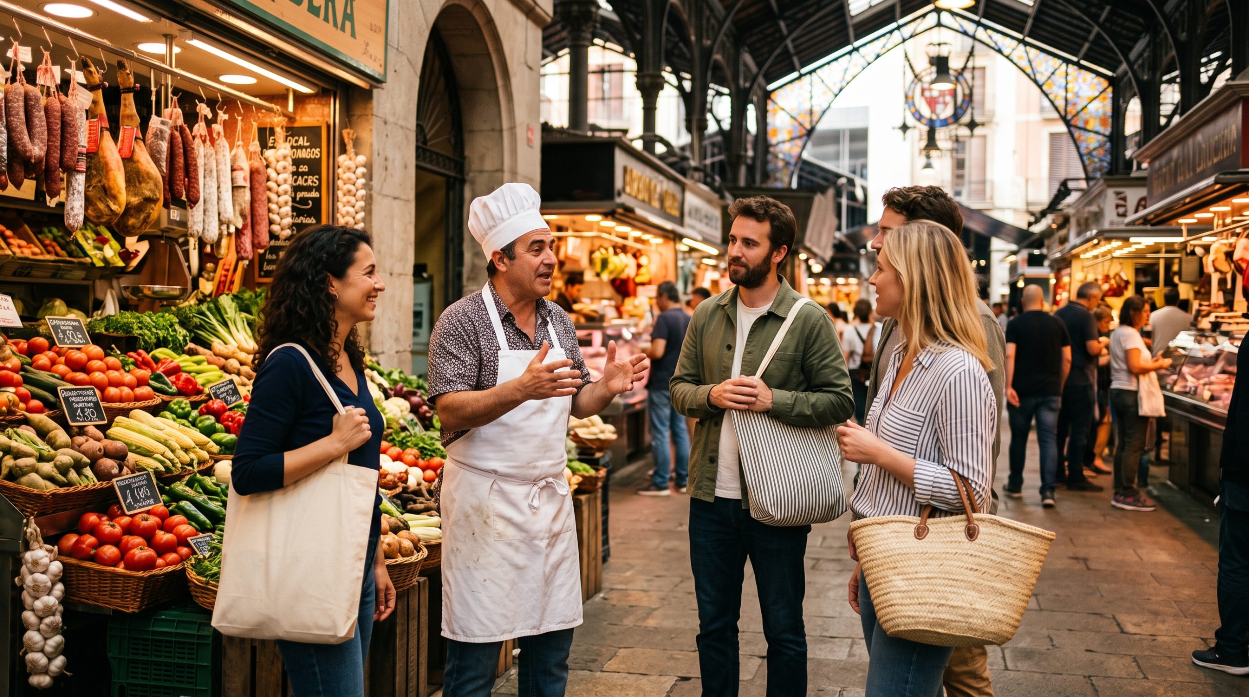 A guide showing a small group around a stall at the Olivar Market