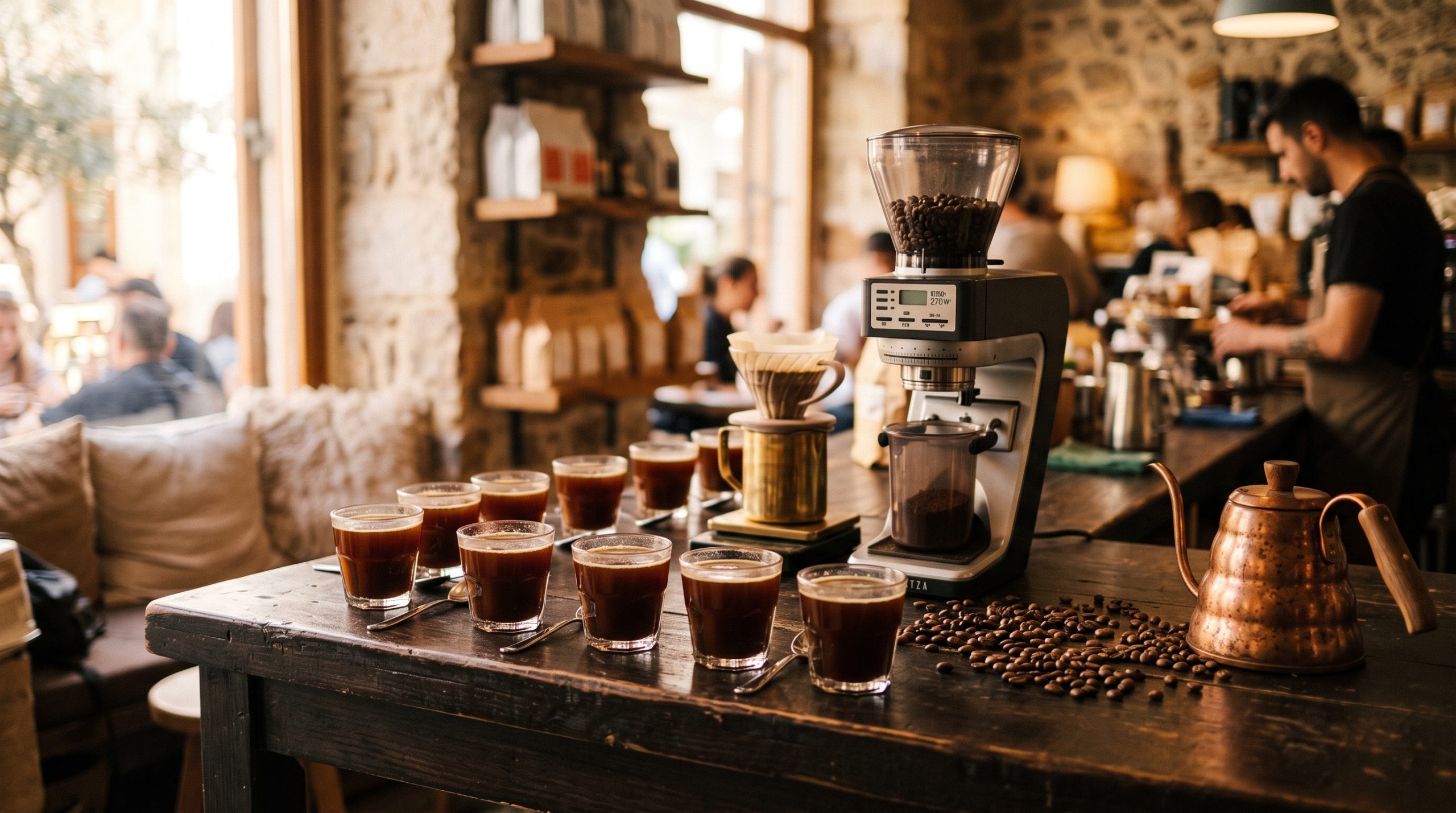 A speciality coffee cupping set up with grinder, scales and tasting cups