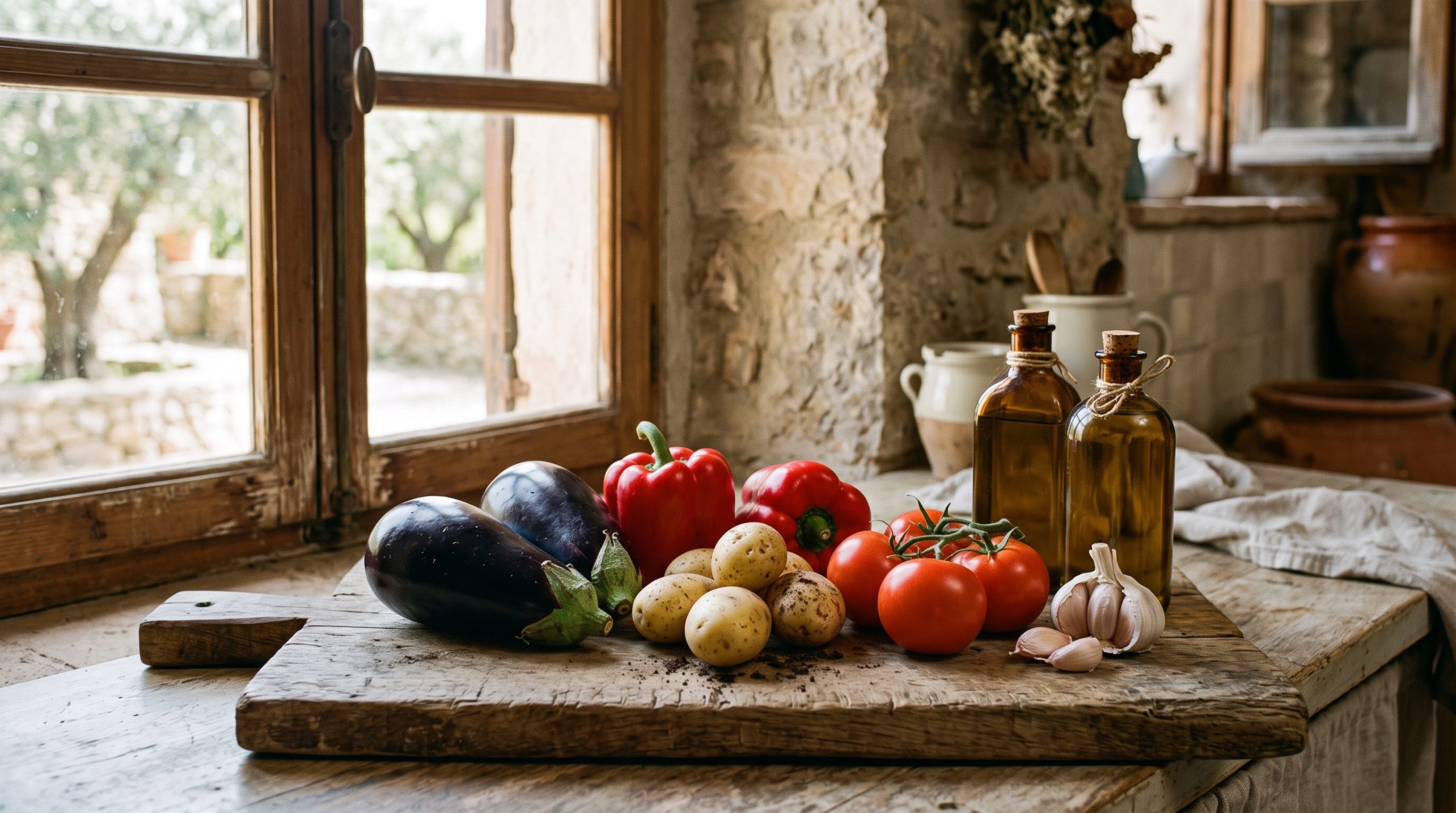 Aubergines, red peppers, potatoes, tomatoes and olive oil, the ingredients for tumbet