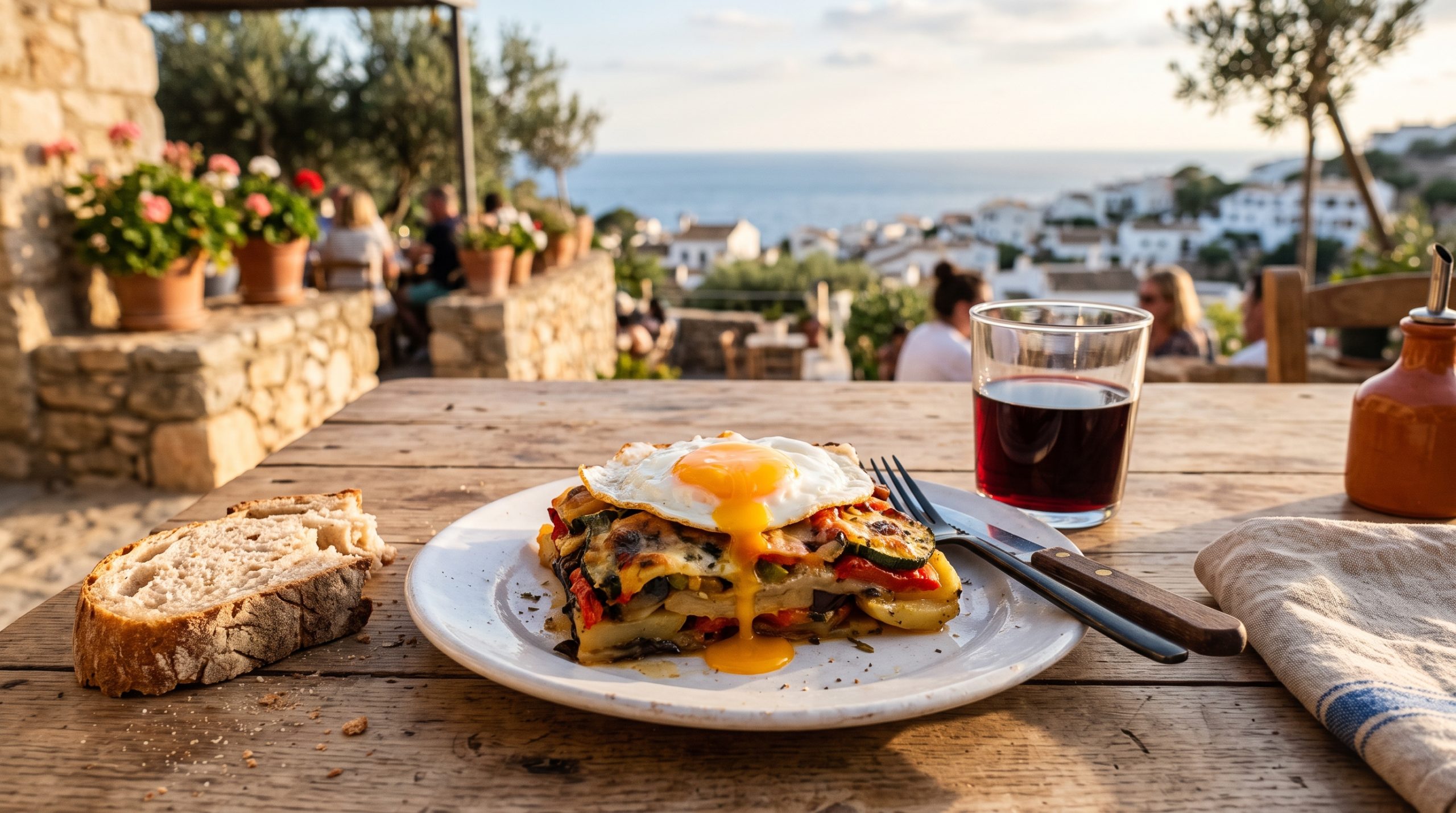 A portion of tumbet served with a fried egg on top and bread alongside