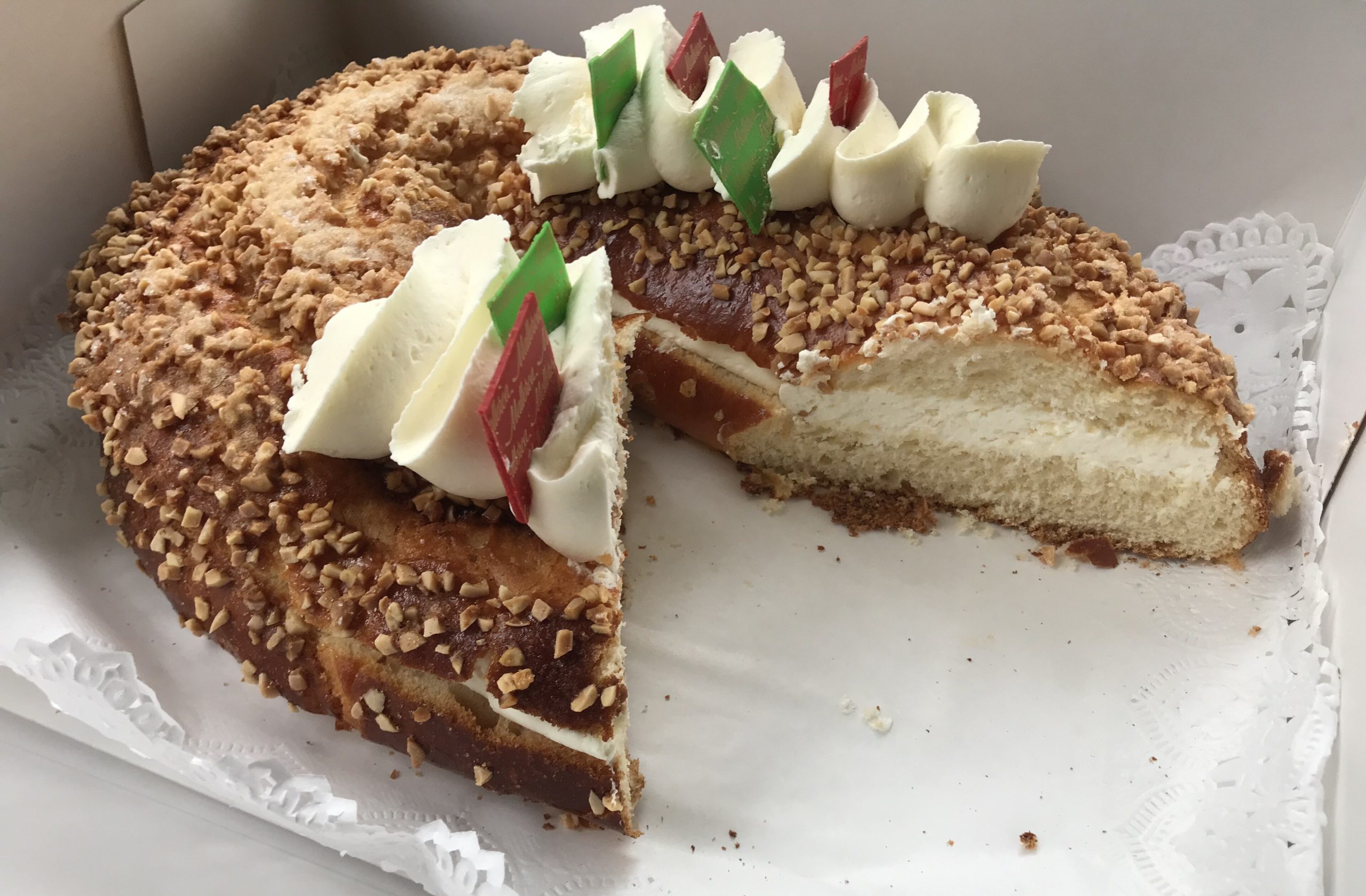 Mallorcan roscon de reyes topped with candied fruit for Three Kings Day